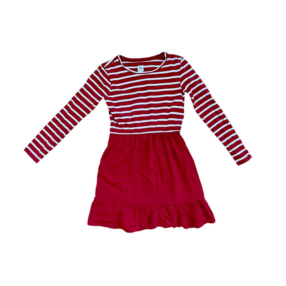 GAP Kids Girls Red White Striped Long Sleeve Ruffle Hem Dress Size M